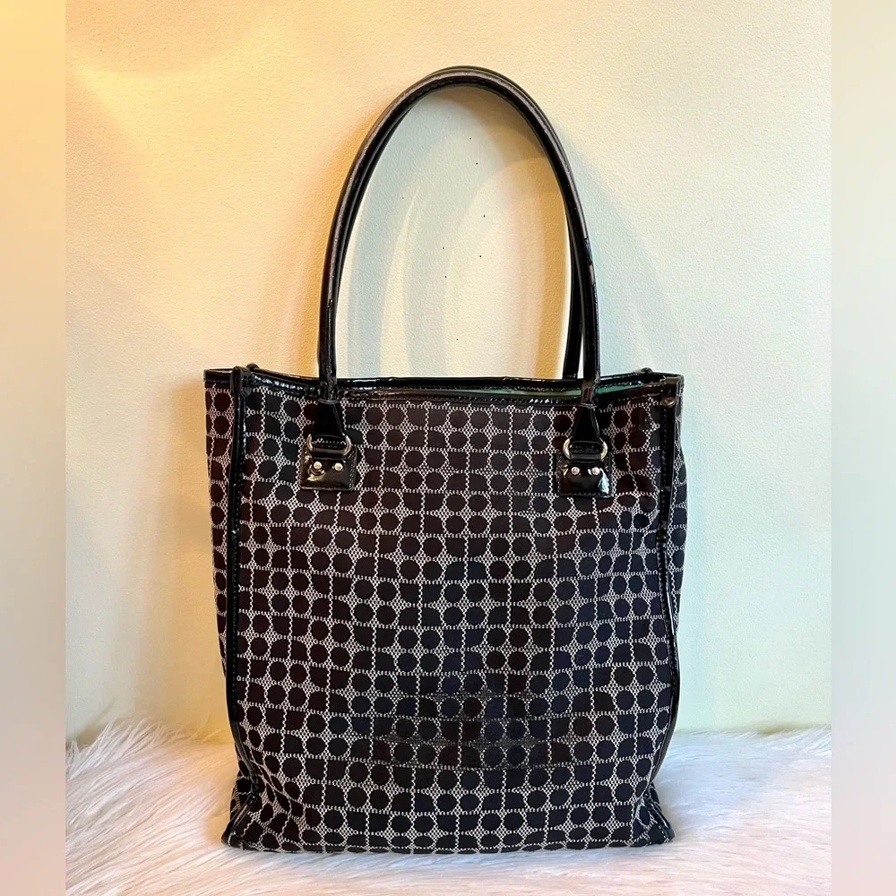 Kate Spade Classic Noel Daisy Shopper Tote Bag Jacquard Black Cream Patent Trim